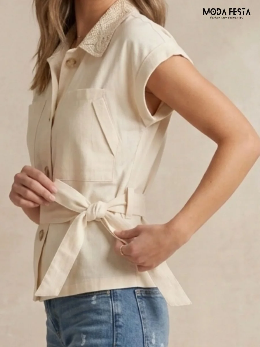 ModaFesta -Lace Collar Button-Down Top with waist-tie